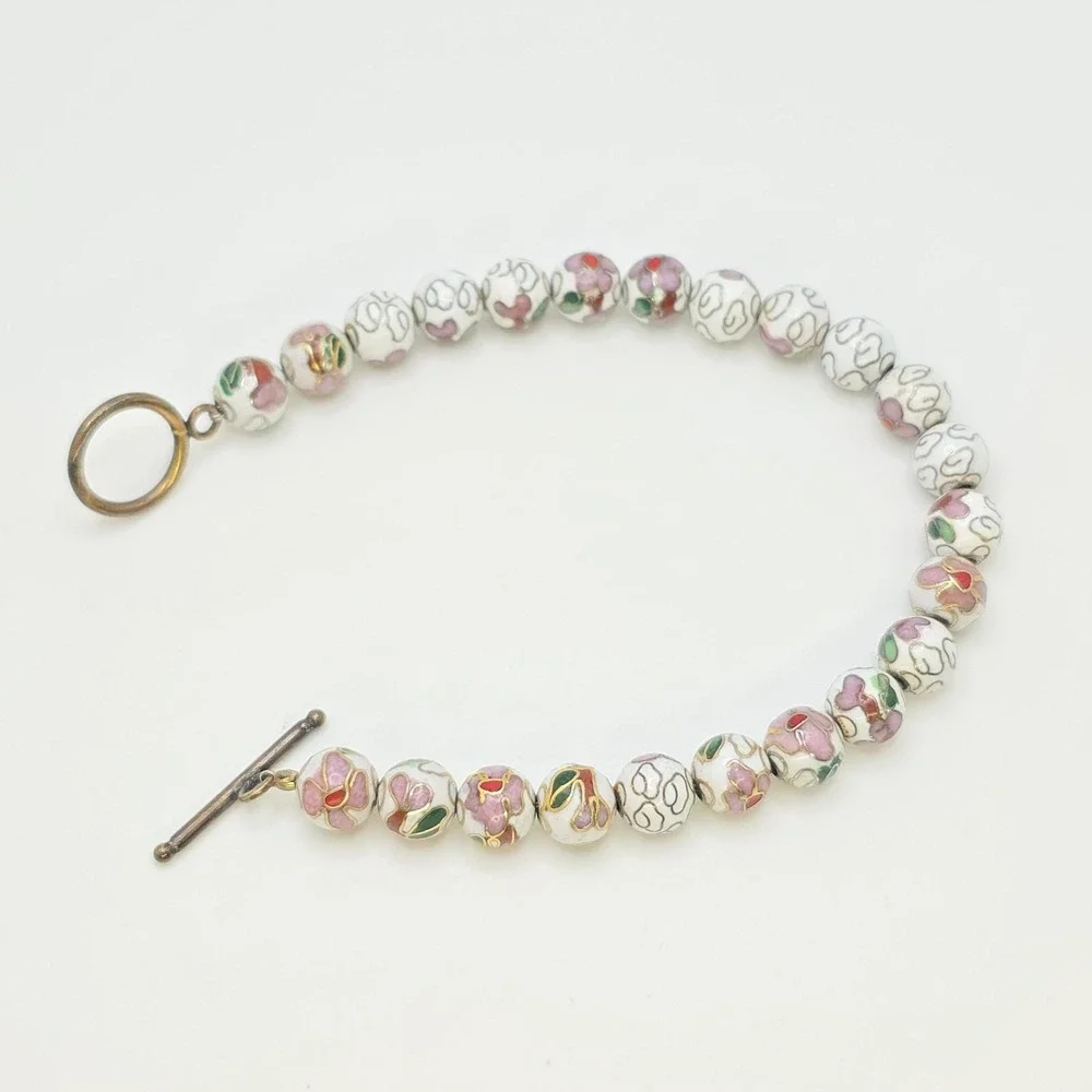 Vtg Authentic Chinese Cloisonné Bracelet Bead White Green‎ Enamel Floral 8